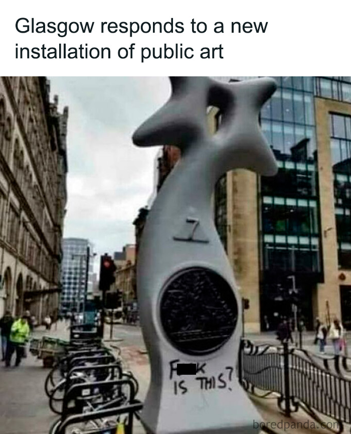 Scottish humor: New public art in Glasgow with a humorous, puzzled inscription at the base.