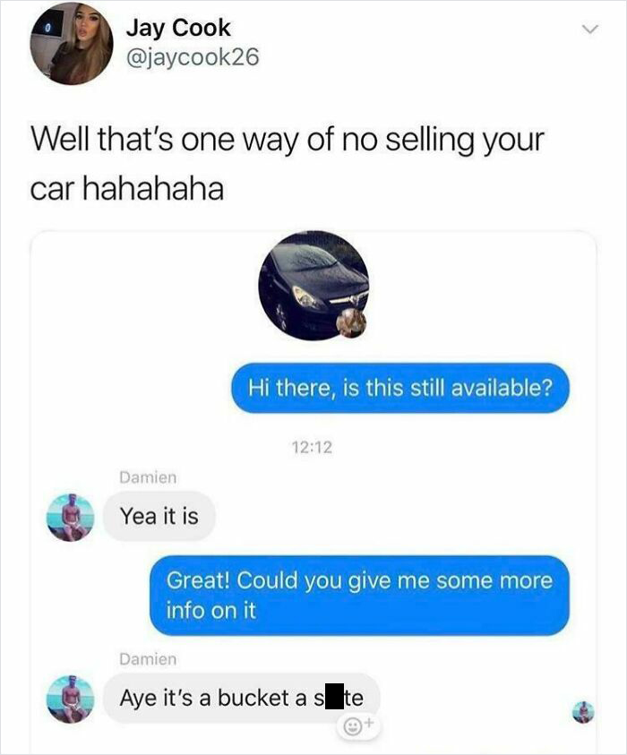Screenshot of a funny Scottish humor post about an honest car sale conversation.
