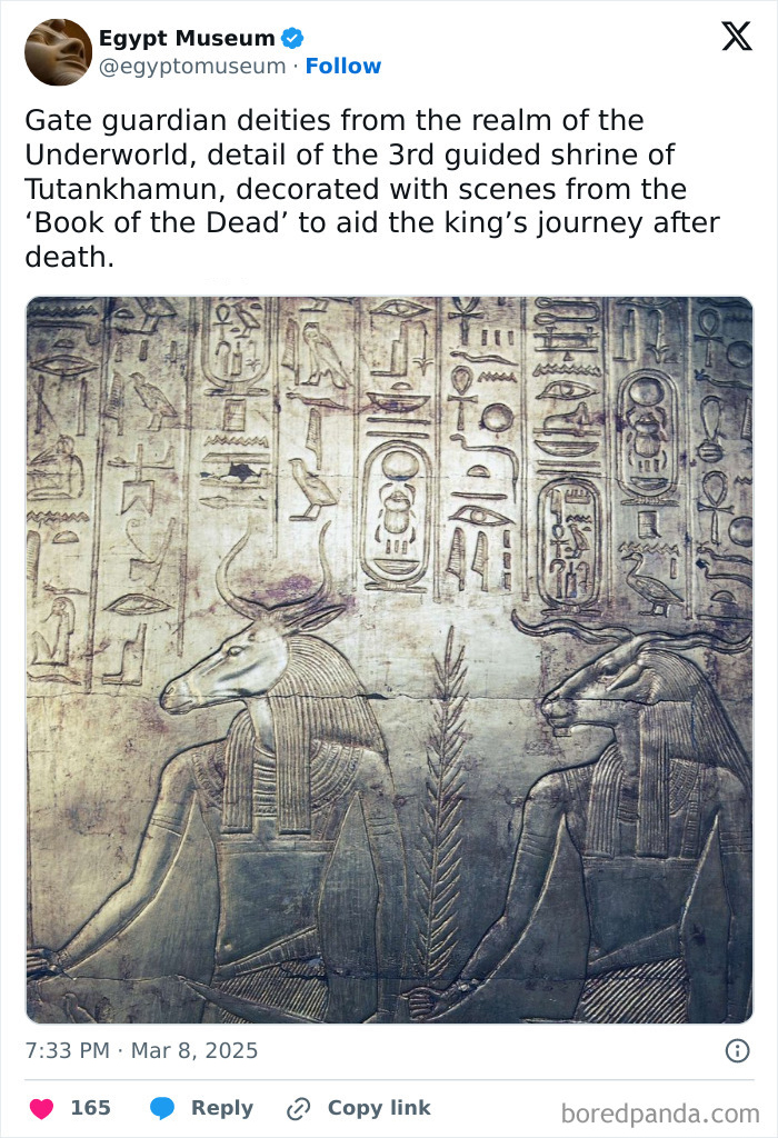 Ancient Egyptian artifact depicting gate guardian deities from the shrine of Tutankhamun with hieroglyphs.