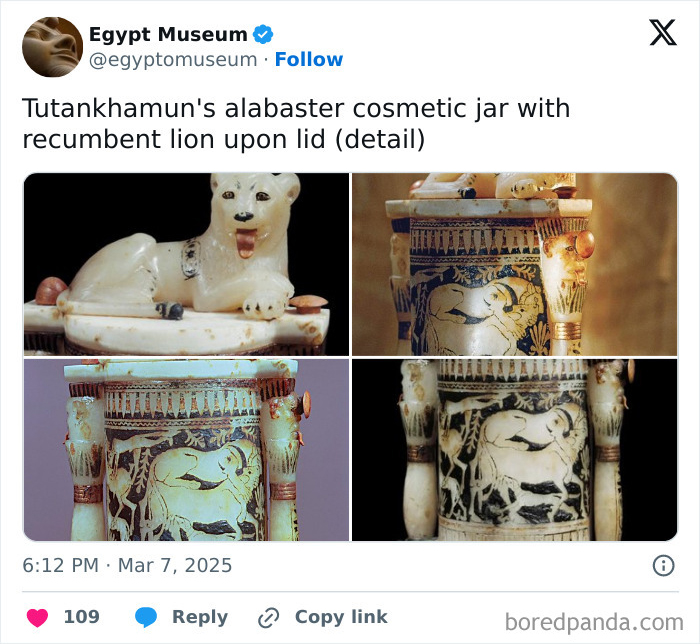 Ancient Egyptian artifact: Tutankhamun's alabaster jar with recumbent lion lid detail.