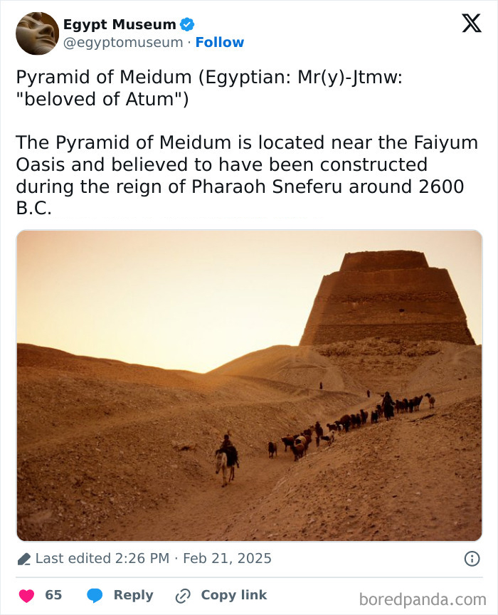 Pyramid of Meidum with travelers, an ancient Egyptian artifact near the Faiyum Oasis under a warm sunset sky.