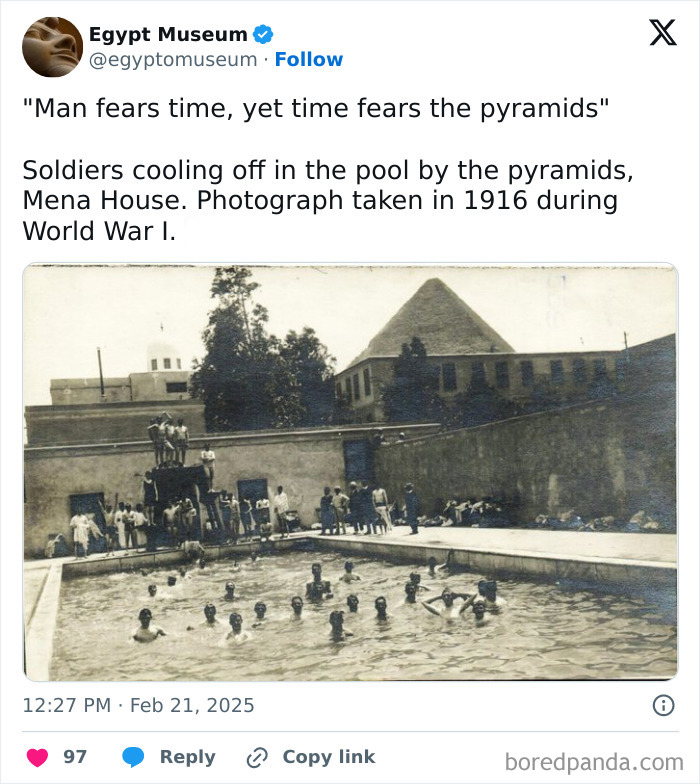 Soldiers in a pool near pyramids, Mena House, 1916, showcasing ancient Egyptian artifacts' magnificence.