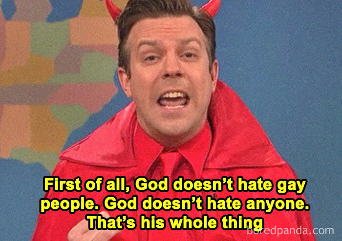 Person in red outfit with devil horns, speaking passionately with supportive text on acceptance.