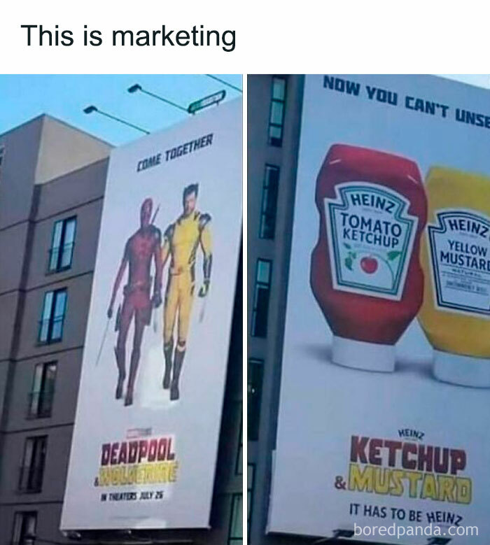 Two side-by-side marketing billboards featuring Deadpool and Wolverine, and ketchup with mustard.