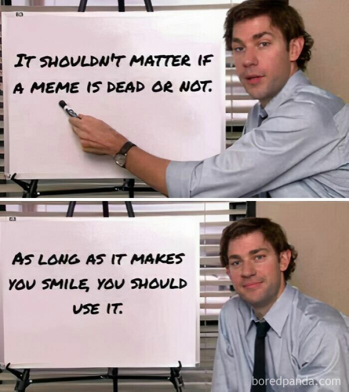 Man presenting a meme message on a whiteboard: "It shouldn't matter if a meme is dead, as long as it makes you smile." Wholesome interaction.