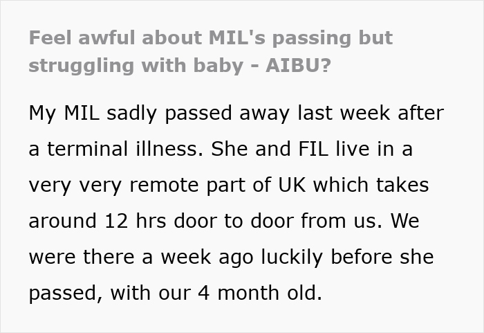 Text about balancing baby's health and attending MIL's funeral trip in remote UK.