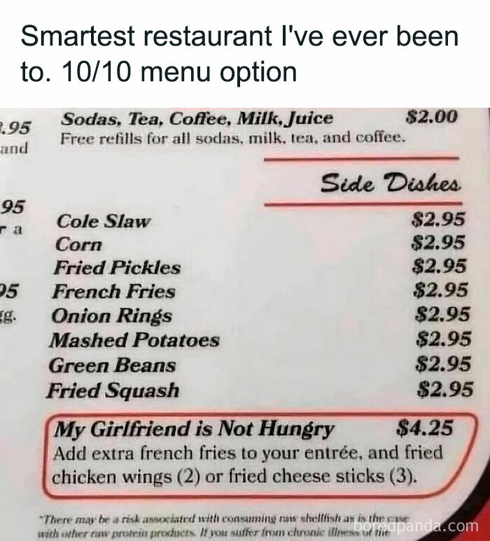Restaurant menu meme with humorous option "My Girlfriend is Not Hungry" featuring extra fries and sides.