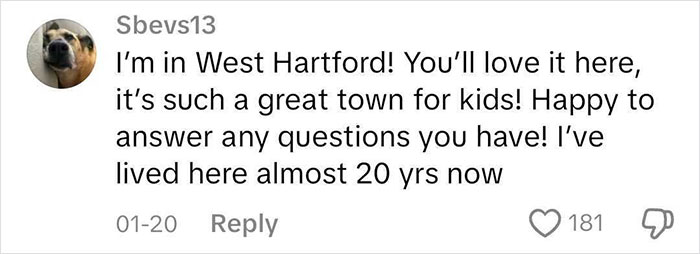 Comment praising West Hartford, highlighting it as a great town for kids, supporting mom's move to a blue state.