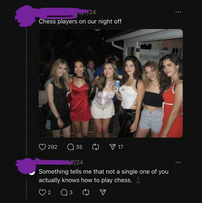Group of women at a party described as chess players, highlighting misconceptions about girls.
