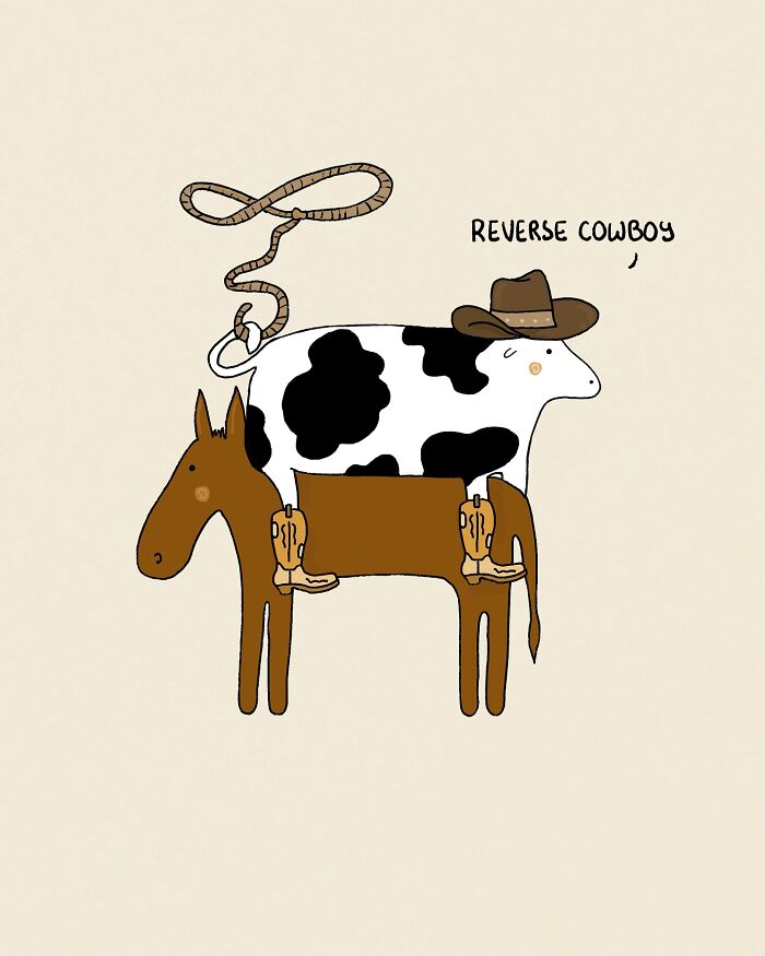 Cartoon cow wearing cowboy hat and boots, humorously labeled "reverse cowboy," illustrating funny cow content.