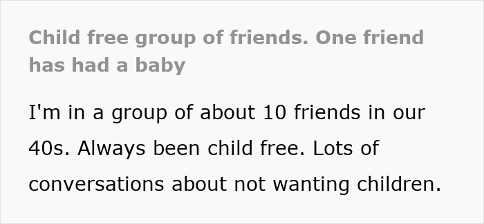 Childfree friend group text discussing baby drama and life choices in their 40s.