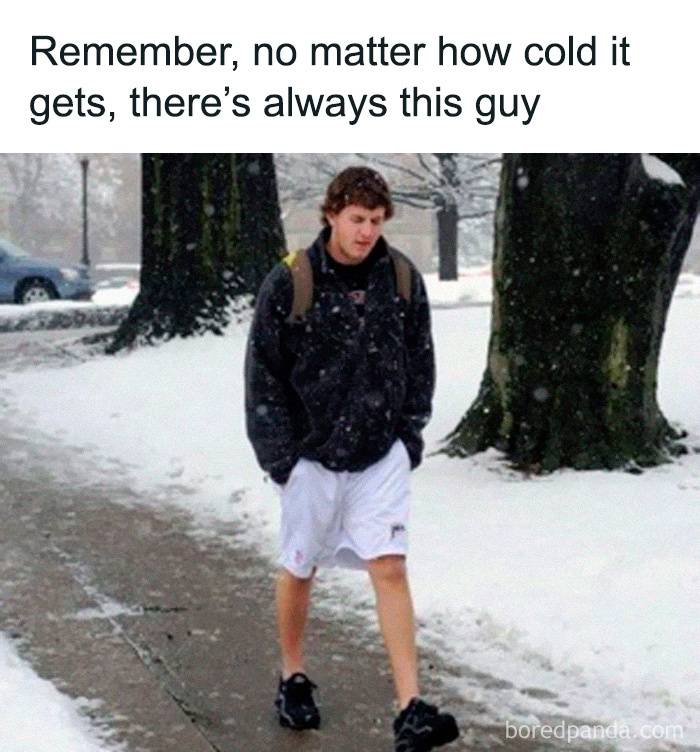 Man in shorts walking in snow, creating a funny and relatable meme moment.