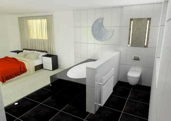 Modern bedroom and bathroom with black tiled floor and white walls showing poorly-aging interior design trends to avoid