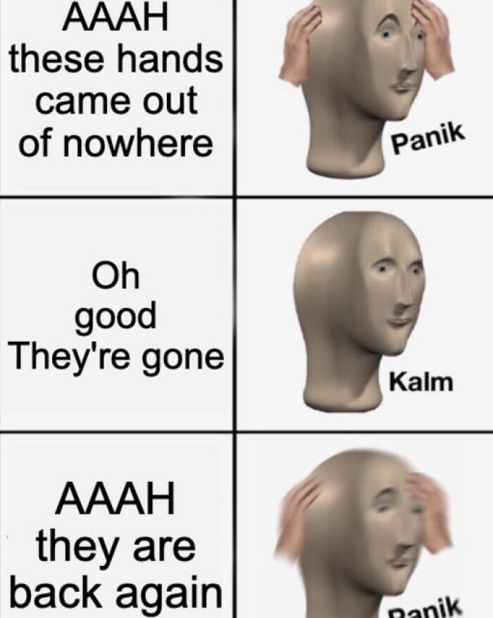 Literal meme of a character panicking as hands appear and reappear on its head, illustrating humor.