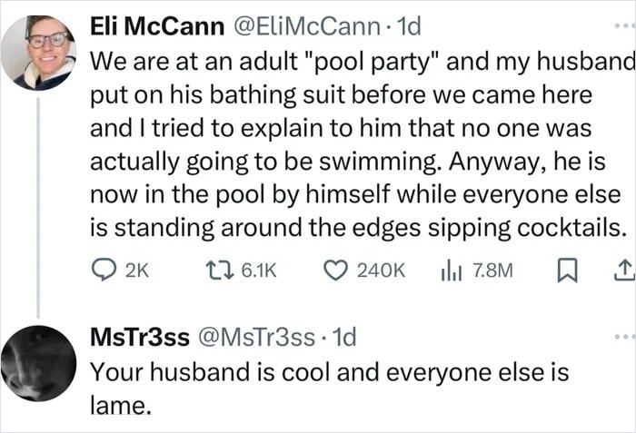 Text exchange with a humorous meme about a man swimming alone at a pool party, while others sip cocktails.