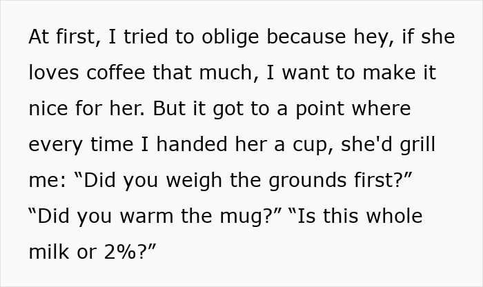 Text highlights boyfriend making coffee daily but criticized for not doing it "right". Text highlights boyfriend making coffee daily but criticized for not doing it "right".