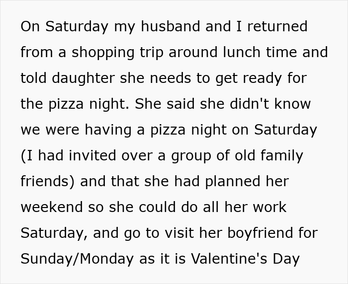 Text discussing an unplanned dinner, leading to a disagreement between a woman and her daughter. Text discussing an unplanned dinner, leading to a disagreement between a woman and her daughter.