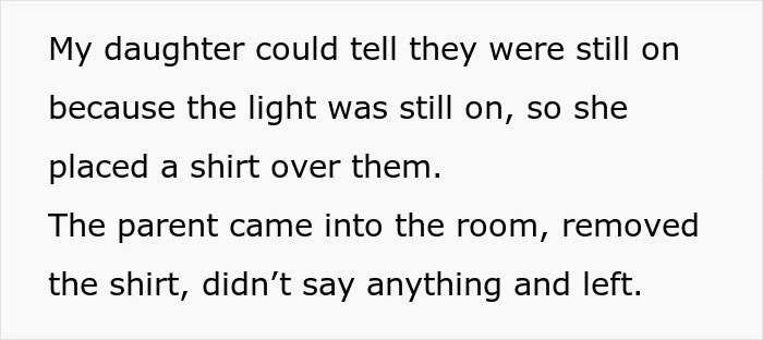 Text about a daughter noticing a light and covering it with a shirt in a friend's room during a sleepover. Text about a daughter noticing a light and covering it with a shirt in a friend's room during a sleepover.