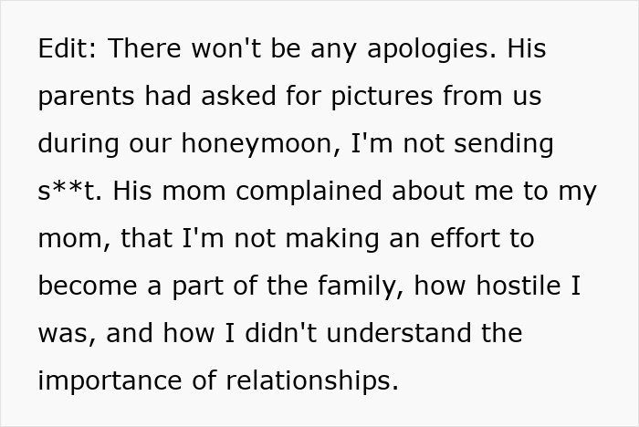 Text snippet discussing future in-laws planning a vacation during the honeymoon, creating tension for the bride-to-be.