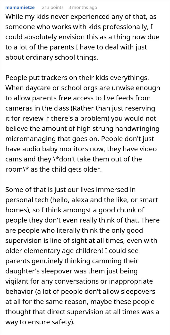 Text discussing sleepovers, parental concerns, and cameras in children's rooms. Text discussing sleepovers, parental concerns, and cameras in children's rooms.
