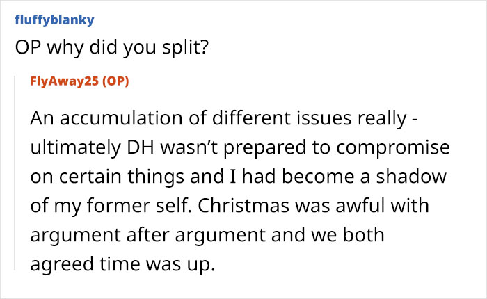 Text exchange discussing relationship issues and separation reasons, mentioning lack of compromise and arguments.