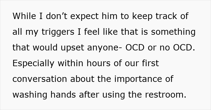 Text about OCD triggers and hand washing discussed between two people.