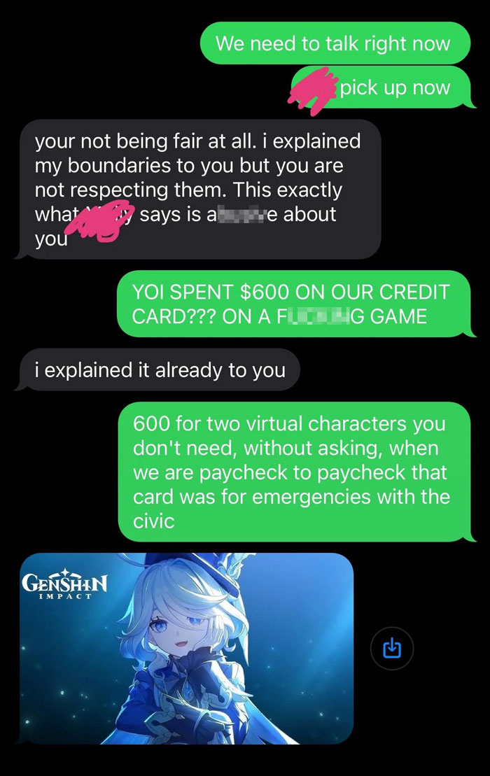 Text message argument about losing $600, mentioning boundaries and spending on a game.
