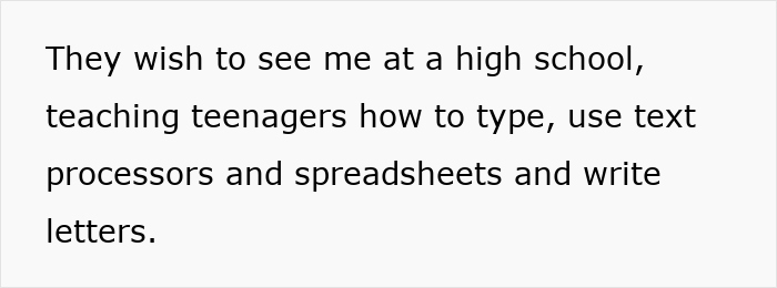 Text about teaching teenagers typing and using spreadsheets in high school.