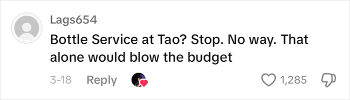 Comment on bachelorette costs mentioning bottle service at Tao, with budget concerns.