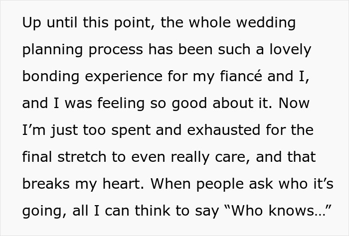 Text about feeling overwhelmed during wedding planning, losing excitement over wedding expectations and invitations.