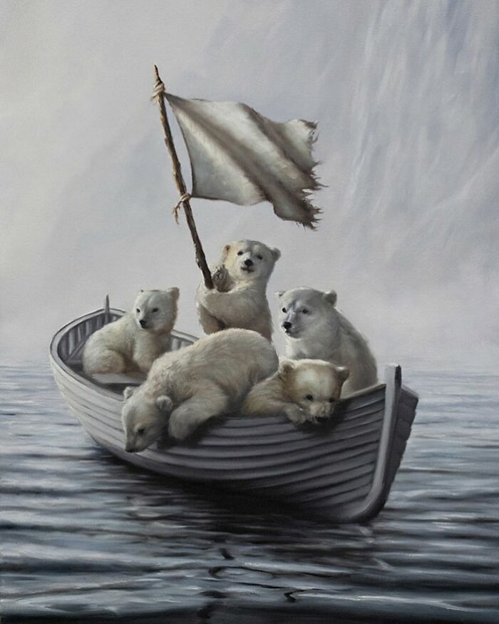 Anthropomorphic artwork of polar bears in a boat, one holding a flag, on calm water by Richard Ahnert.