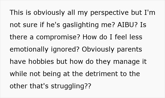 Text discussing emotional neglect in parenting, with focus on partner prioritizing hobbies over parenting support.