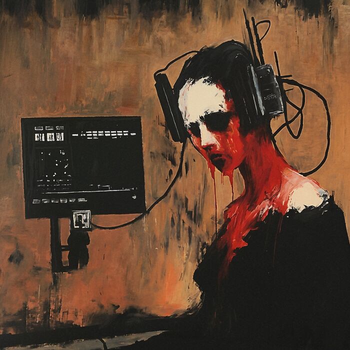 Eerie painting inspired by industrial decay; features a haunting figure with headphones against a gritty background.