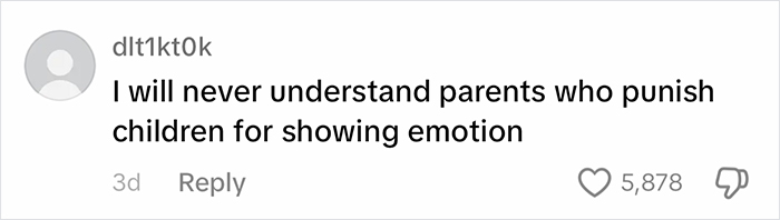 Social media comment challenging "big boys don't cry" parenting, urging empathy toward children's emotions. Social media comment challenging "big boys don't cry" parenting, urging empathy toward children's emotions.