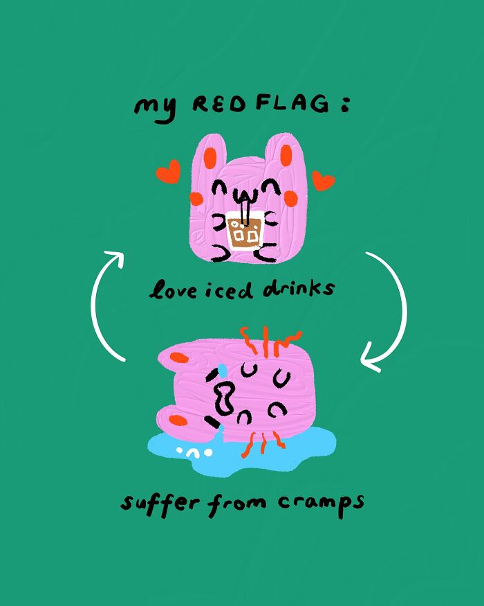 Cute character illustration about loving iced drinks and suffering from cramps.