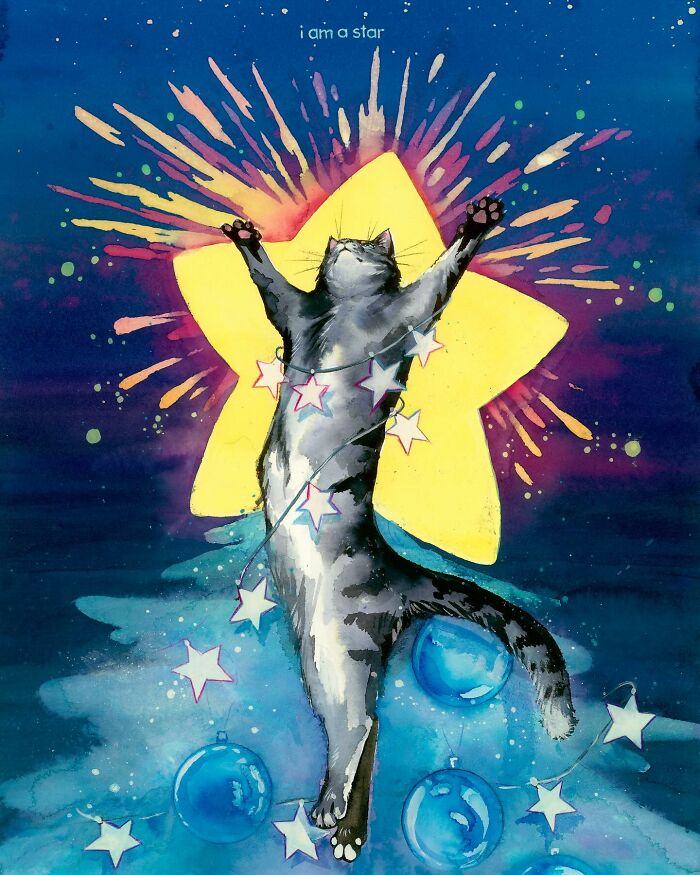 Dream-like painting of a cat reaching for a star, surrounded by colorful bursts and star shapes.