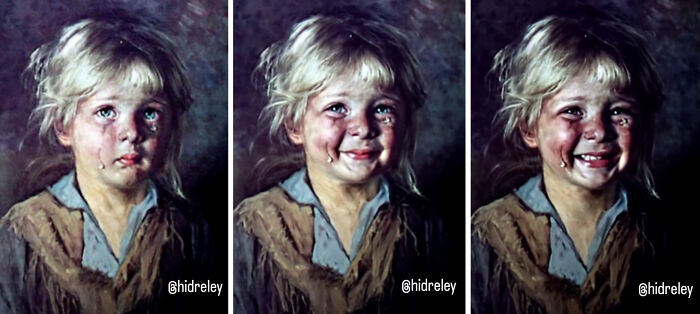 Three side-by-side images show Bragolin’s crying child transforming into a smiling child using AI enhancement.
