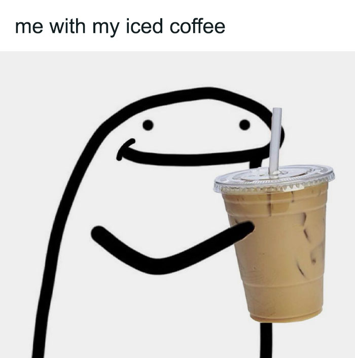 Cartoon character happily holding iced coffee, illustrating a relatable food-related meme.