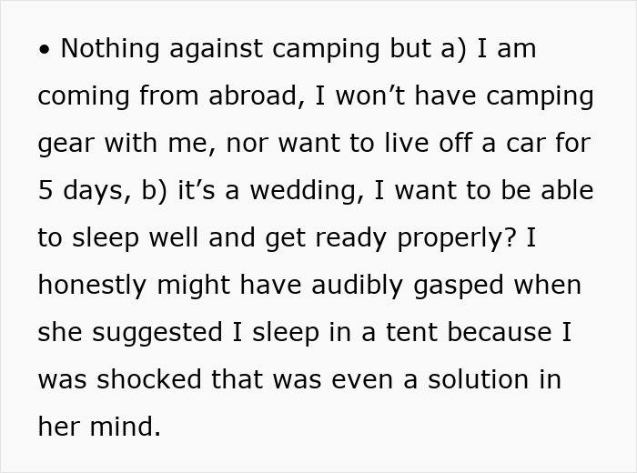 Text expressing concerns about camping for a wedding, highlighting red flags in plans. Text expressing concerns about camping for a wedding, highlighting red flags in plans.