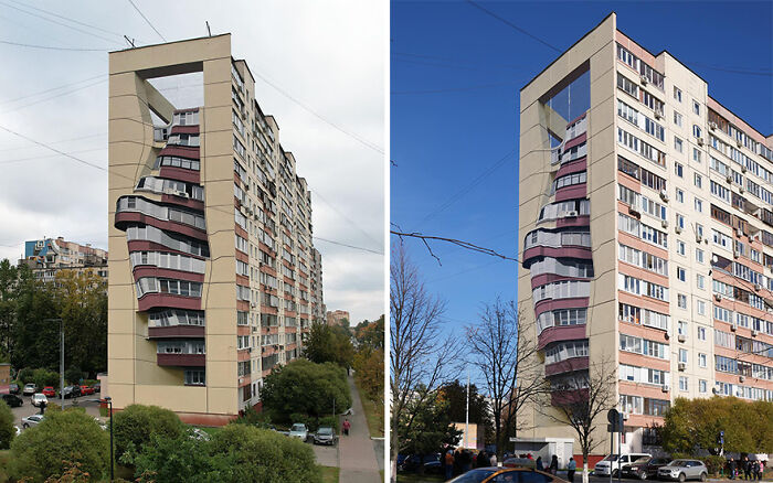 3D street art masterpiece transforming a building facade with a curved design, showcasing creative illusion.