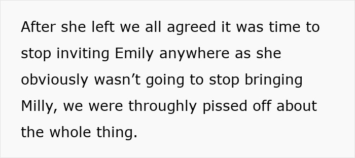 Text expressing frustration over Emily bringing her child to events.
