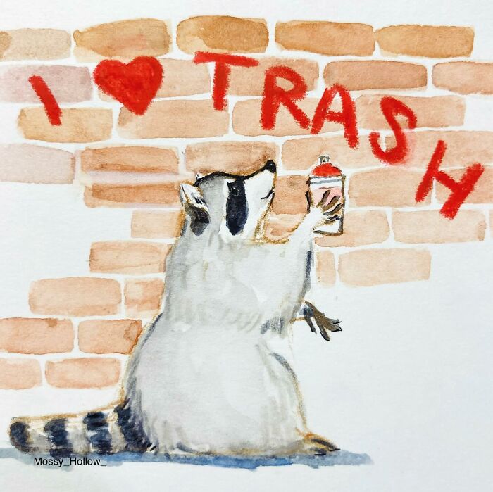 Sassy raccoon painting on brick wall with spray can, pop culture humor.