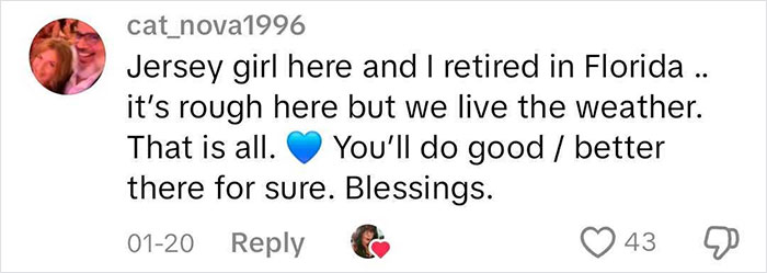Comment about moving to a blue state, discussing retirement in Florida and weather preferences, with heart emojis.