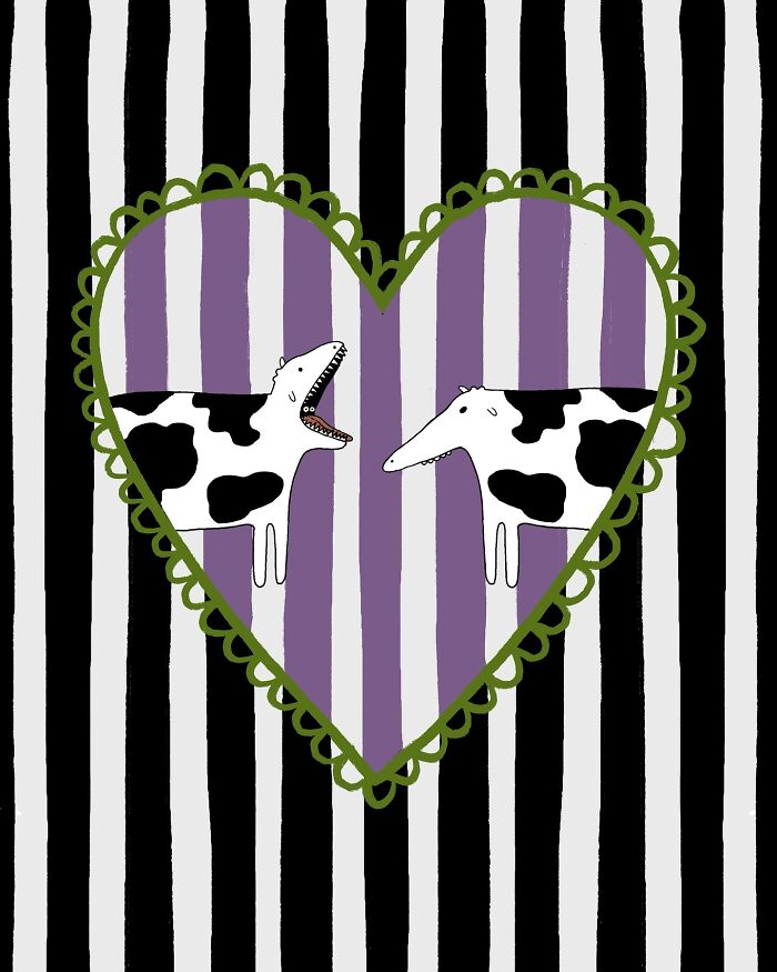 Illustration of cows in a heart-shaped frame with striped background, showcasing funny cow content.