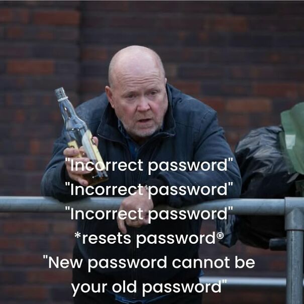 Man with bottle, humorous text about passwords highlights the Scots' sense of humor.