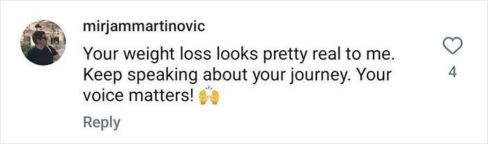 Comment praising a woman's dramatic Ozempic transformation and encouraging her to share her weight loss journey.
