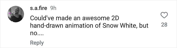 Comment criticizing Snow White event, suggesting a 2D animation would be better.