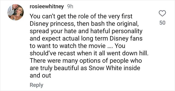 Instagram comment critiquing Disney's 'Snow White' event in Spain for low attendance.