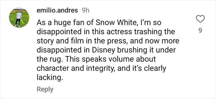 Comment expressing disappointment with Disney's handling of 'Snow White' story and event.