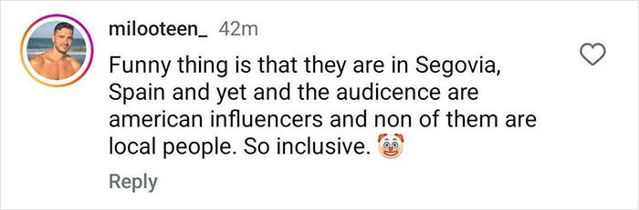 Comment on 'Snow White' event in Spain highlighting influencers, lacks local attendees, described as inclusive with clown emoji.